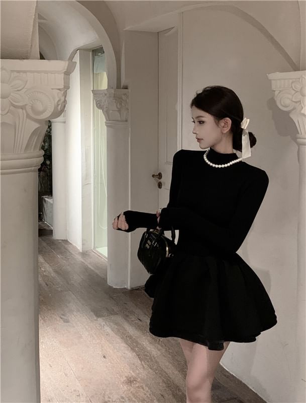 Mock Dress Long-Sleeve Neck Knit Layered A-Line Plain Mini