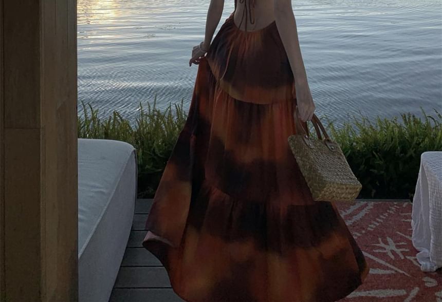 Halter Neck Open Dress Tie Smocked Maxi Back Dye A-Line