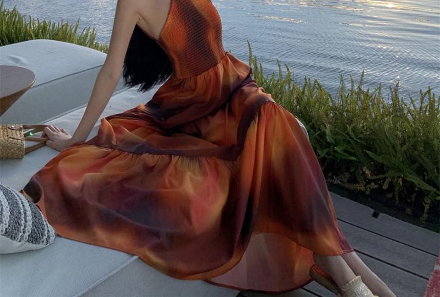 Halter Neck Open Dress Tie Smocked Maxi Back Dye A-Line