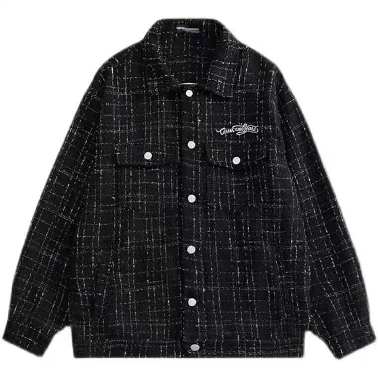 Collared Lettering Embroidered Tweed Button-Up Jacket