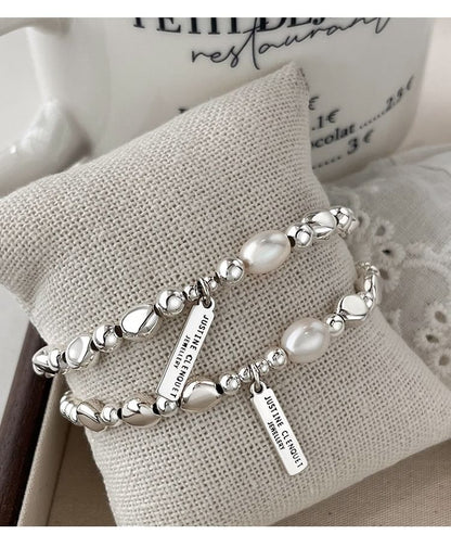 Faux Pearl Lettering Plate Bracelet