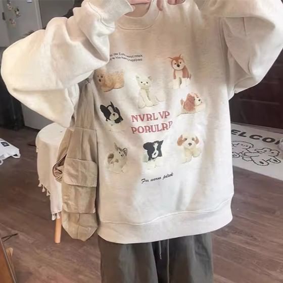 Crew Neck Dog Print Oversized Pullover