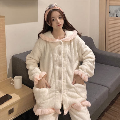 Pajama Set: Rabbit Ear Hooded Button-Up Top + Pants