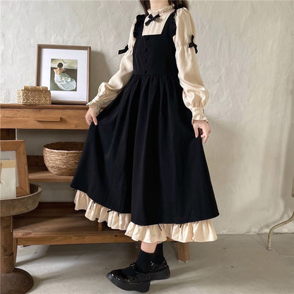 Puff-Sleeve High Neck Plain Bow Ruffled Midi A-Line Dress / Midi Overall Dress