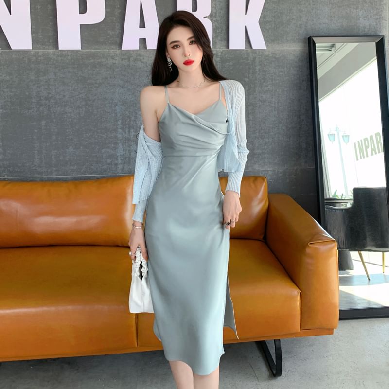 Spaghetti Strap V-Neck Plain Ruched Satin Slit Midi Sheath Dress