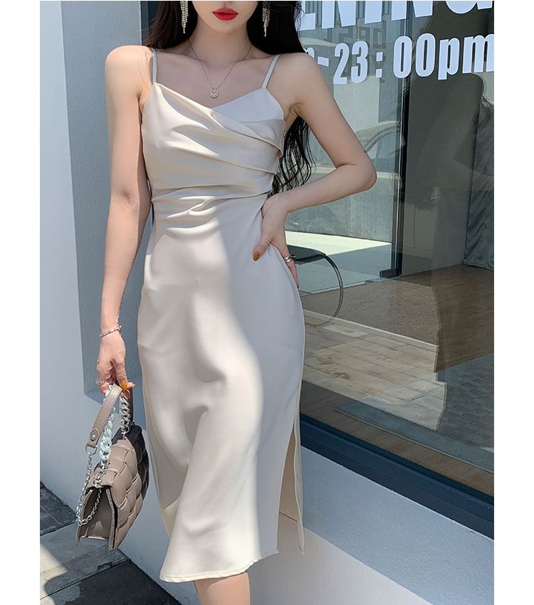 Spaghetti Strap V-Neck Plain Ruched Satin Slit Midi Sheath Dress