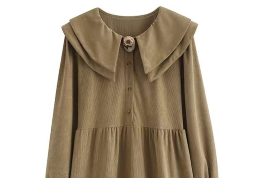 Long-Sleeve Collar Plain Corduroy Midi A-Line Dress