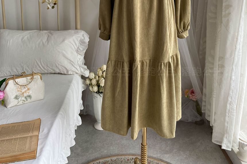 Long-Sleeve Collar Plain Corduroy Midi A-Line Dress