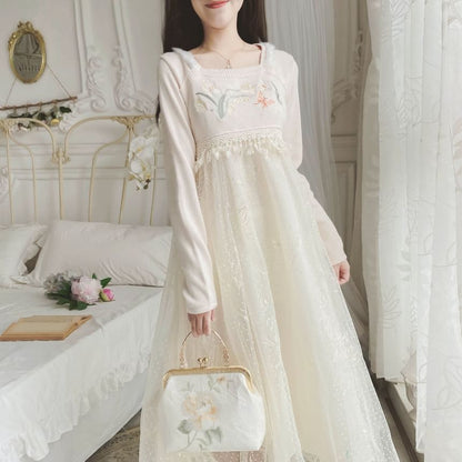 Long-Sleeve Square Neck Floral Embroidered Mesh Panel Midi A-Line Dress