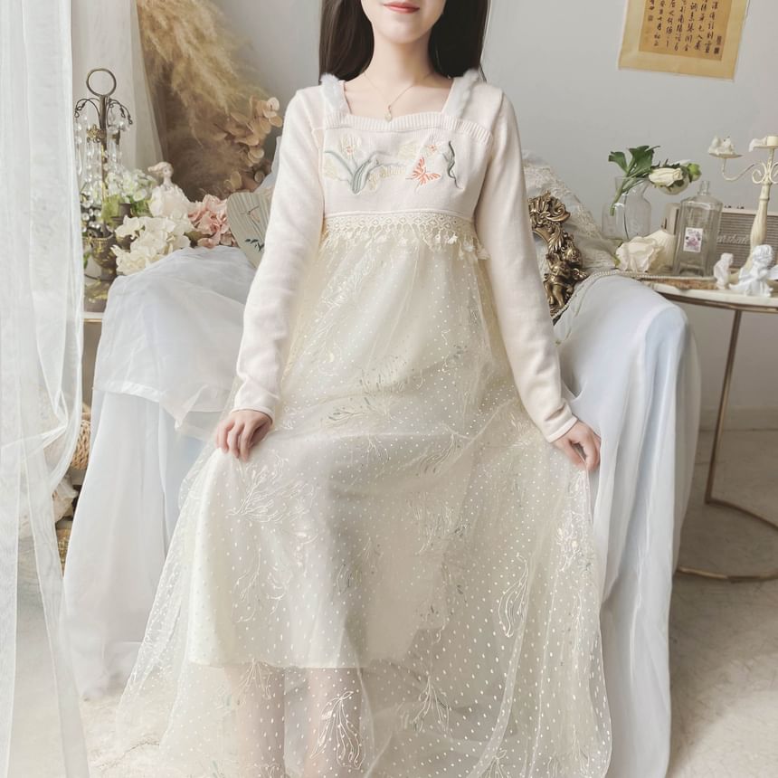 Long-Sleeve Square Neck Floral Embroidered Mesh Panel Midi A-Line Dress