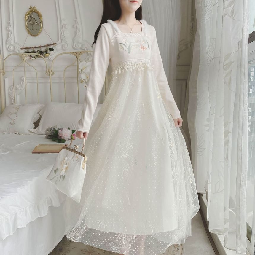 Long-Sleeve Square Neck Floral Embroidered Mesh Panel Midi A-Line Dress