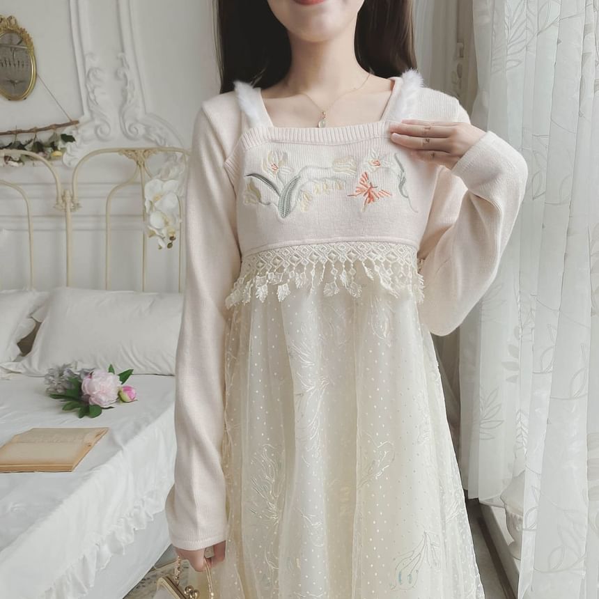 Long-Sleeve Square Neck Floral Embroidered Mesh Panel Midi A-Line Dress