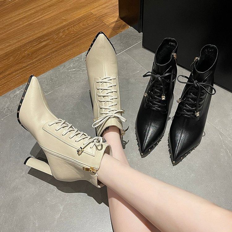 Pointed Heel Ankle High Boots Lace-Up