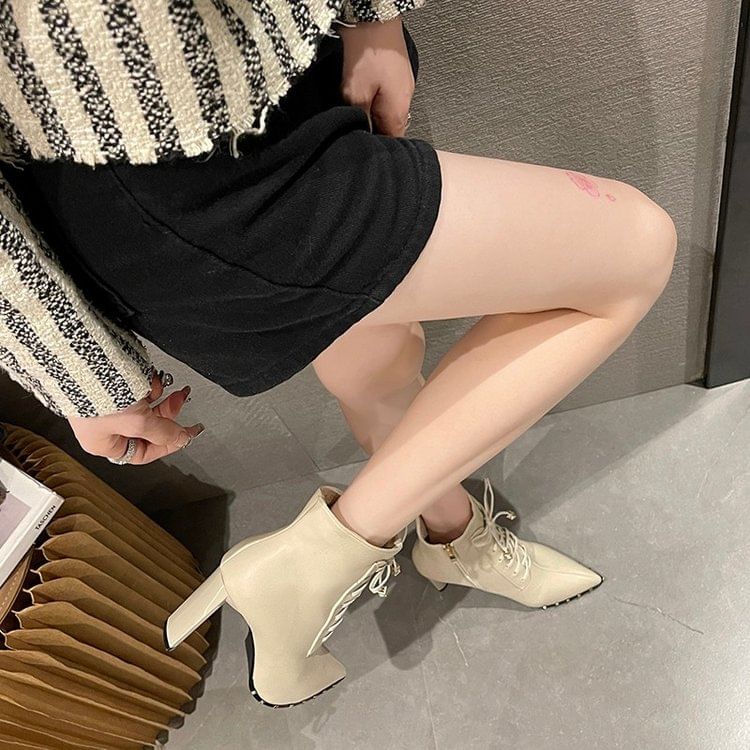 Pointed Heel Ankle High Boots Lace-Up