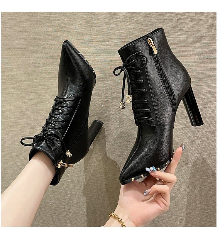 Pointed Heel Ankle High Boots Lace-Up
