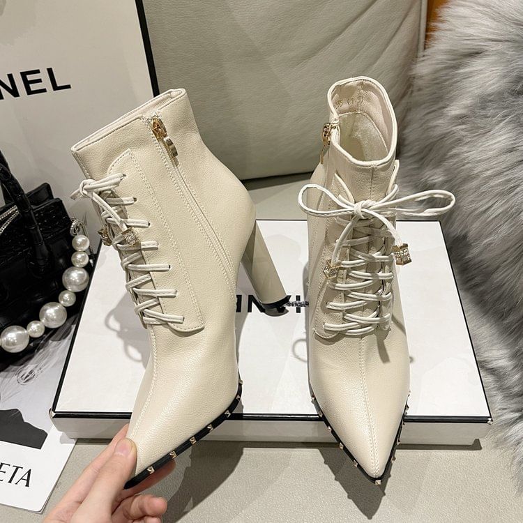 Pointed Heel Ankle High Boots Lace-Up