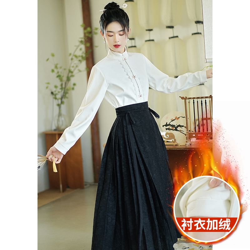 Band Collar Hanfu Top / Mid Rise Midi A-Line Skirt