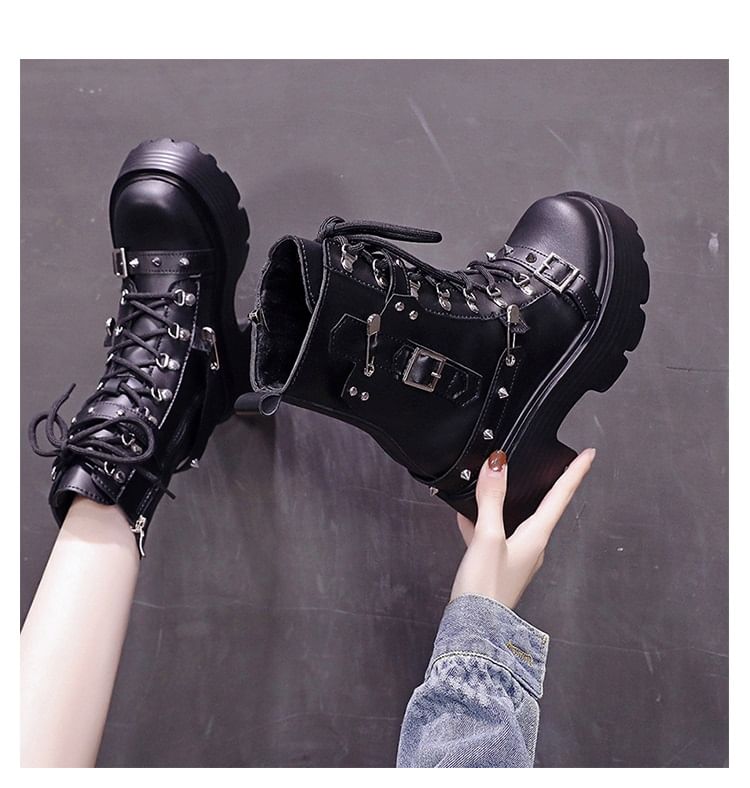 Faux Short Leather Platform Boots Lace-Up Heel Chunky Buckled
