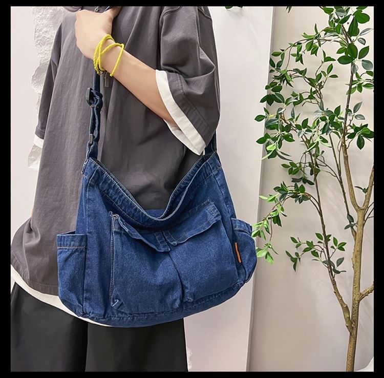 Multi-Pocket Denim Crossbody Bag