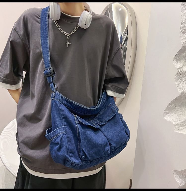 Multi-Pocket Denim Crossbody Bag