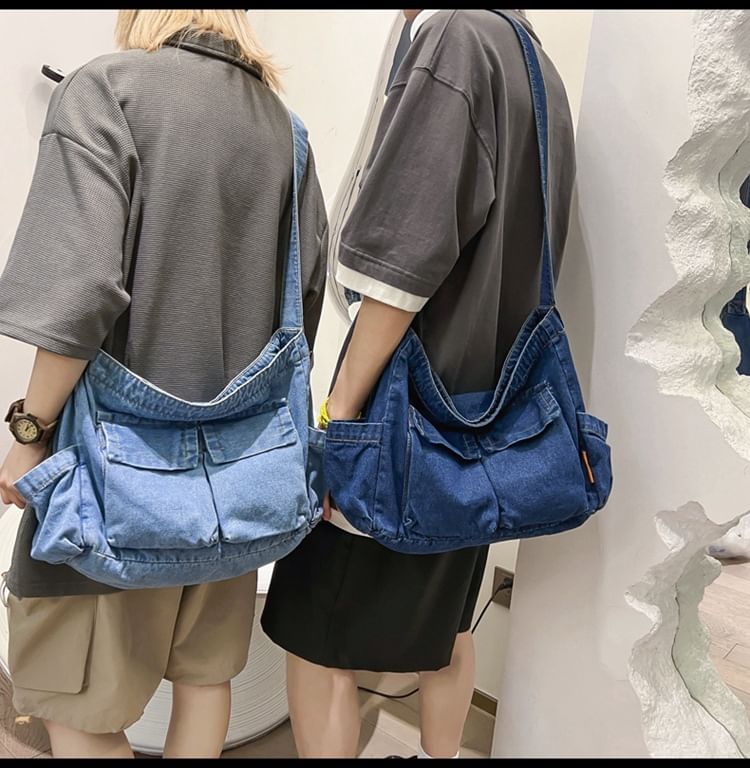 Multi-Pocket Denim Crossbody Bag