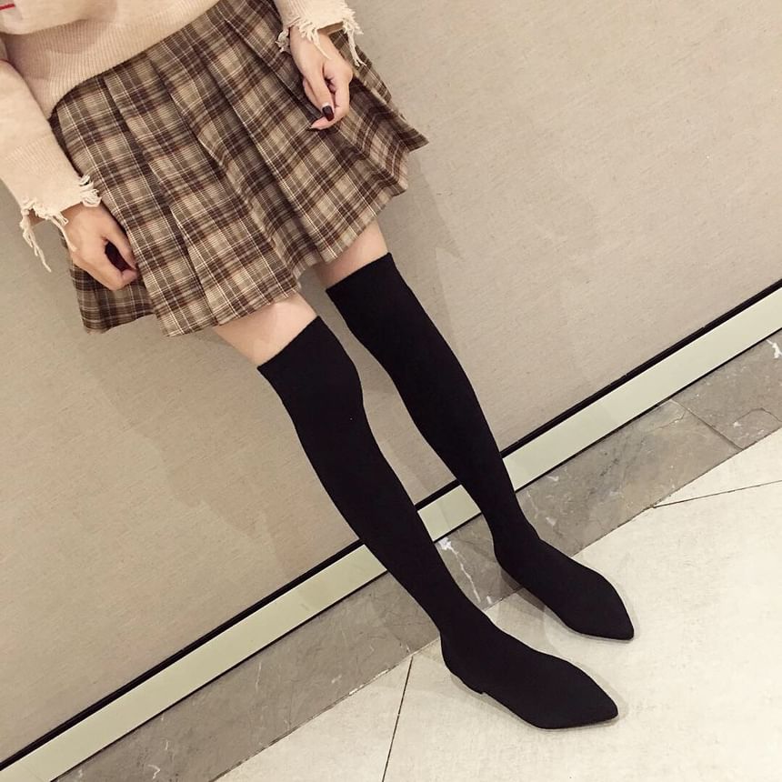 Pointy Toe Chunky Heel Over-the-Knee Sock Boots