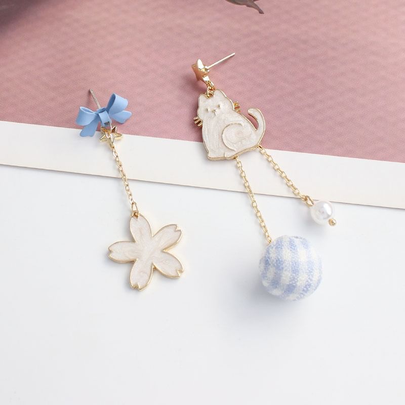 Cat Dangle Earring Floral Alloy Asymmetrical
