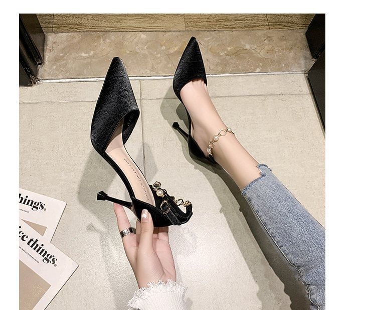 Faux Pointed Pearl Pumps Toe Strap D'Orsay Ankle