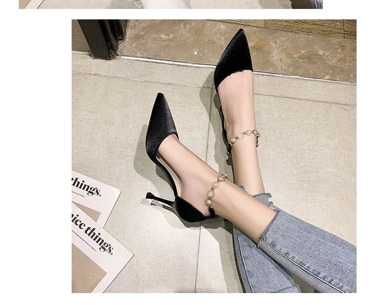 Faux Pointed Pearl Pumps Toe Strap D'Orsay Ankle