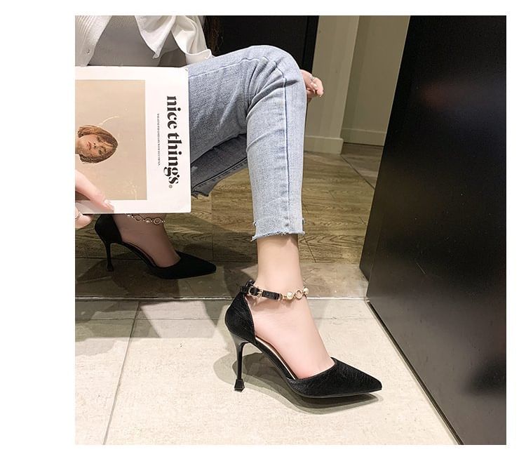 Faux Pointed Pearl Pumps Toe Strap D'Orsay Ankle