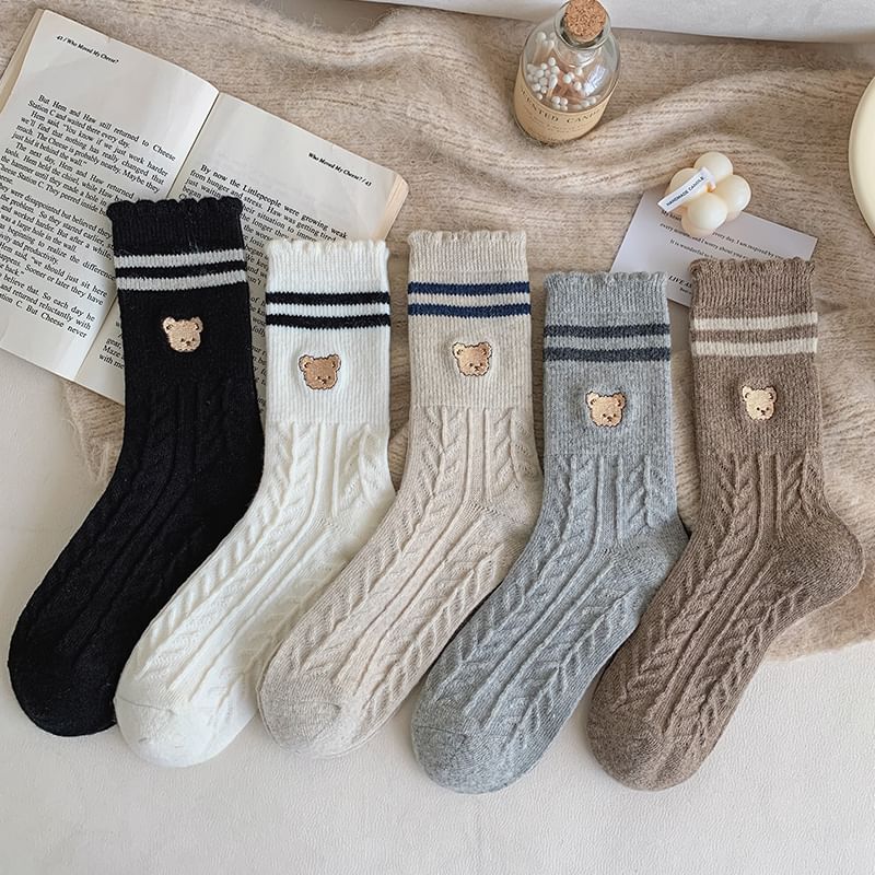 Bear Embroidered Striped Socks