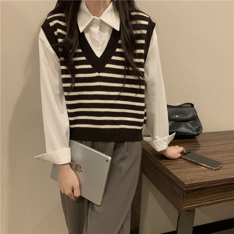 Striped Knit V-Neck Vest