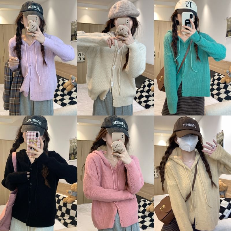 Hooded Button-Up Cardigan Plain