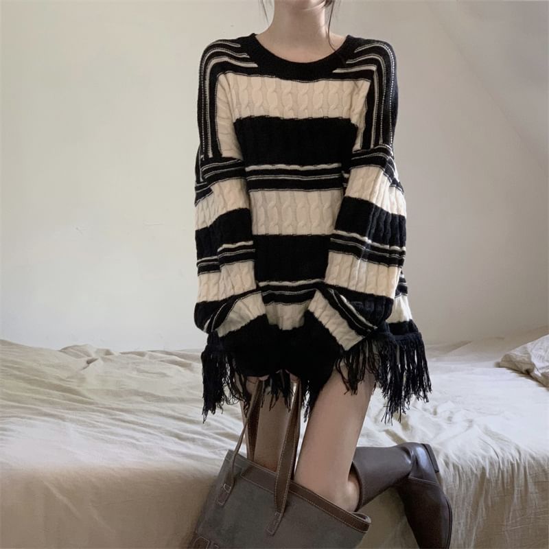 Sweater Striped Frayed Loose-Fit