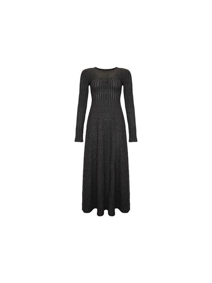 Long-Sleeve Henley Ribbed Midi A-Line Knit Dress