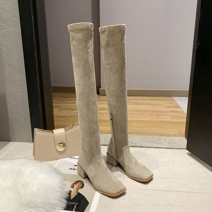 Square-Toe Chunky Heel Over-the-Knee Boots