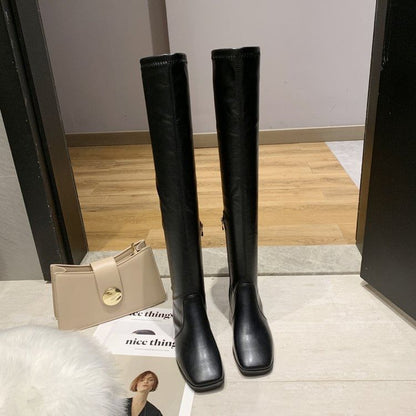 Square-Toe Chunky Heel Over-the-Knee Boots