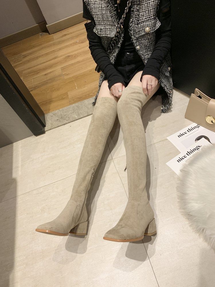 Square-Toe Chunky Heel Over-the-Knee Boots