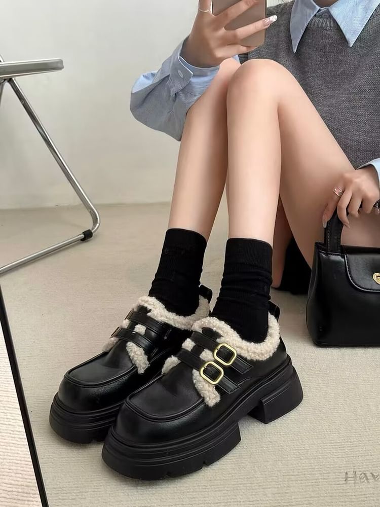 Platform Chunky Heel Buckled Fleece-Lined Mary Jane Shoes