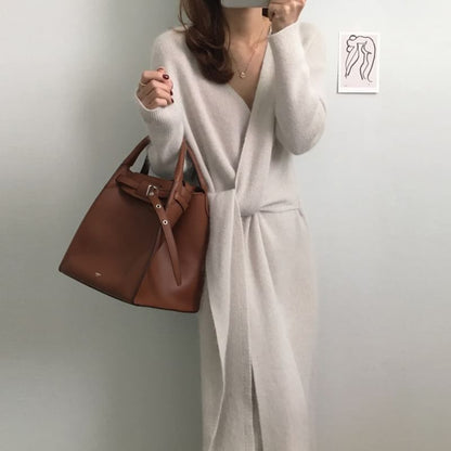 Long-Sleeve V-Neck Plain Tie Front Knit Midi A-Line Wrap Dress