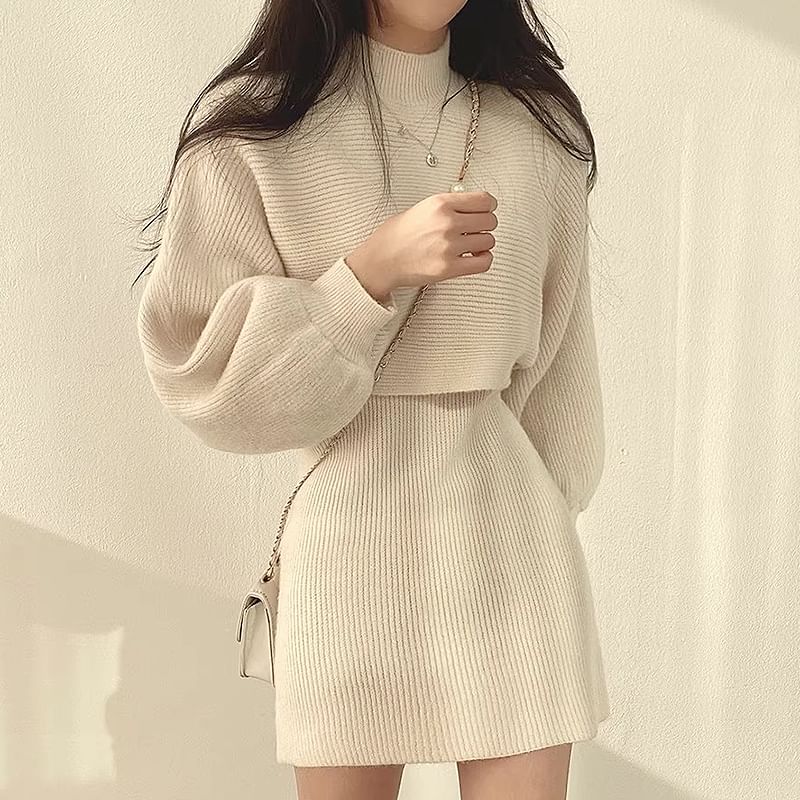 Set: Balloon Sleeve Mock Neck Plain Ribbed Sweater + Sleeveless Crew Neck Knit Mini A-Line Dress