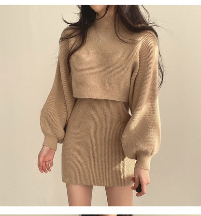 Set: Balloon Sleeve Mock Neck Plain Ribbed Sweater + Sleeveless Crew Neck Knit Mini A-Line Dress