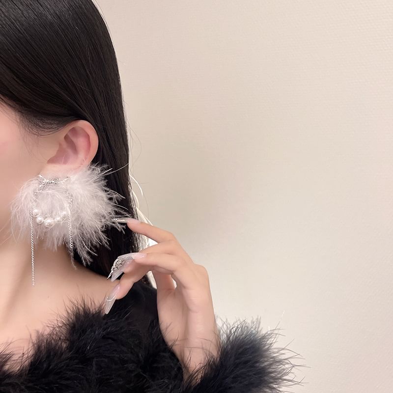 Stud Feather Earring Faux Pearl