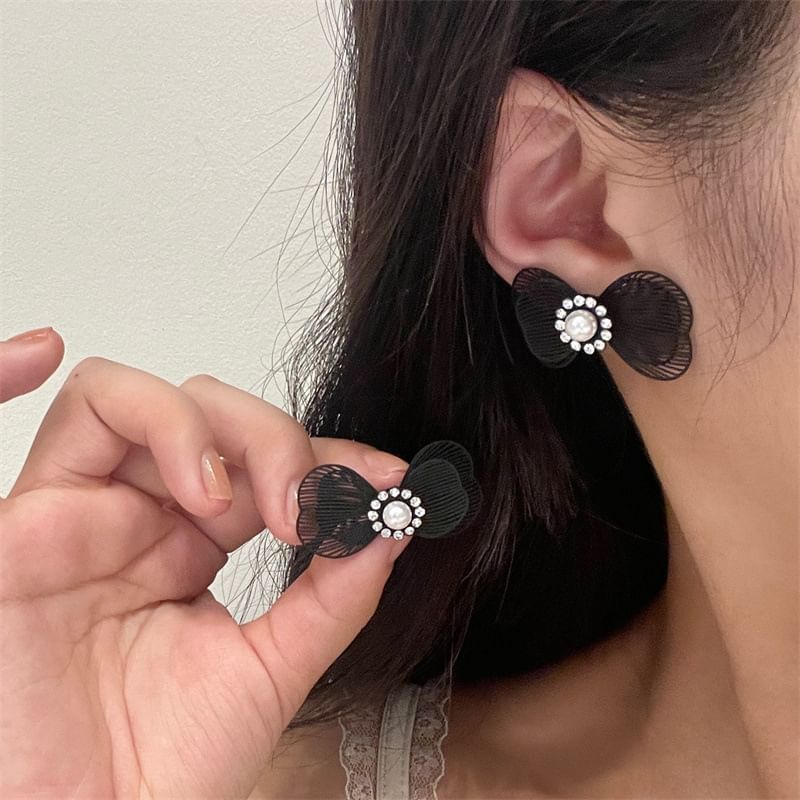 Faux Alloy Stud Earring Bow Pearl