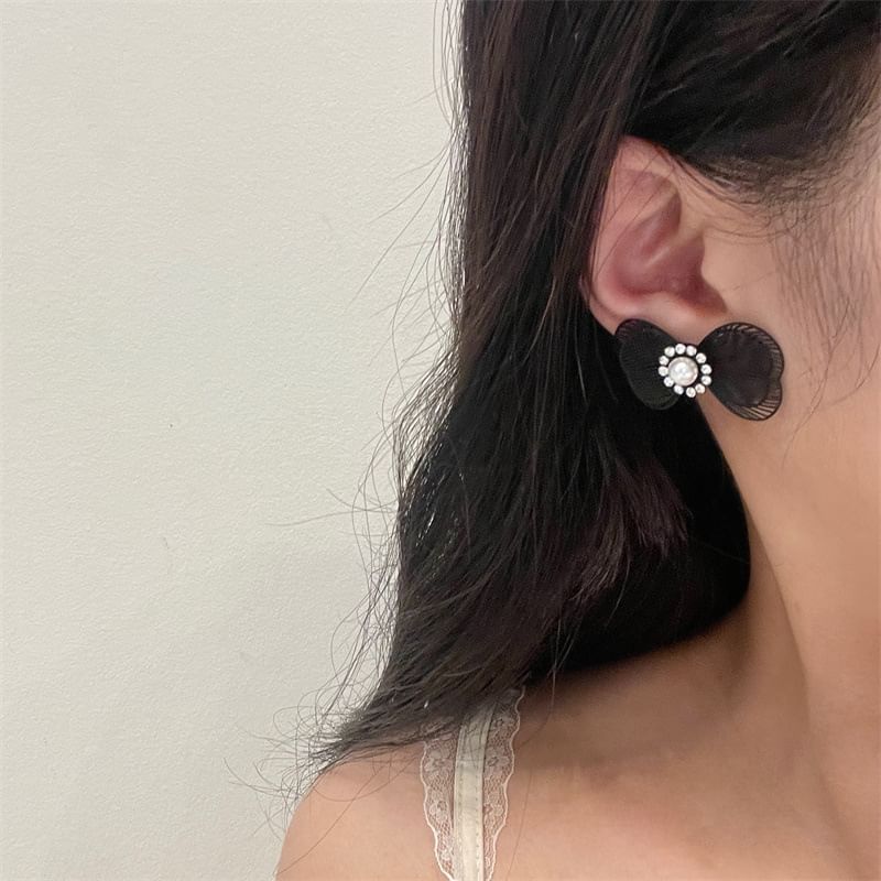 Faux Alloy Stud Earring Bow Pearl