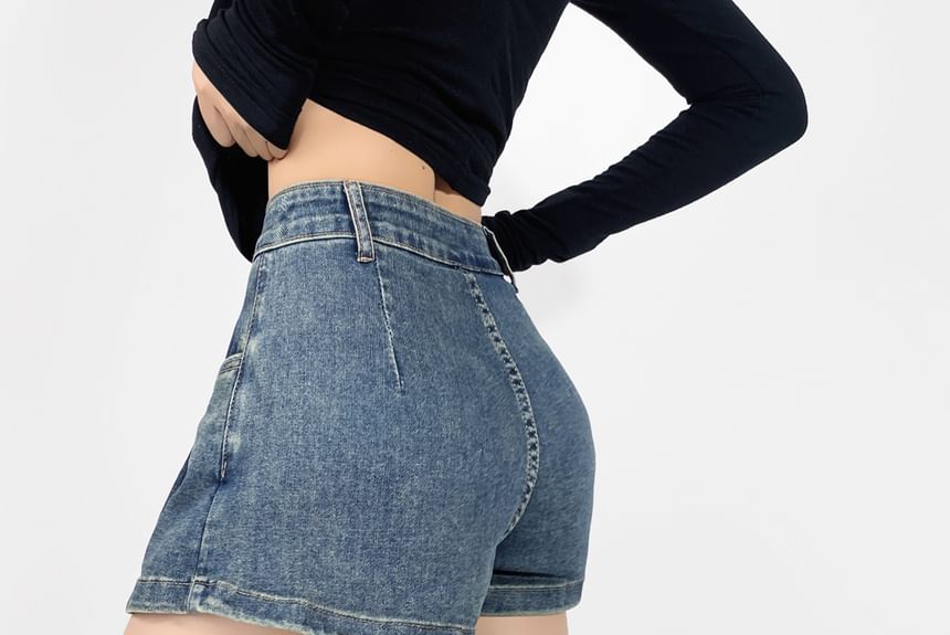Mid Waist Washed Denim Mini Skorts