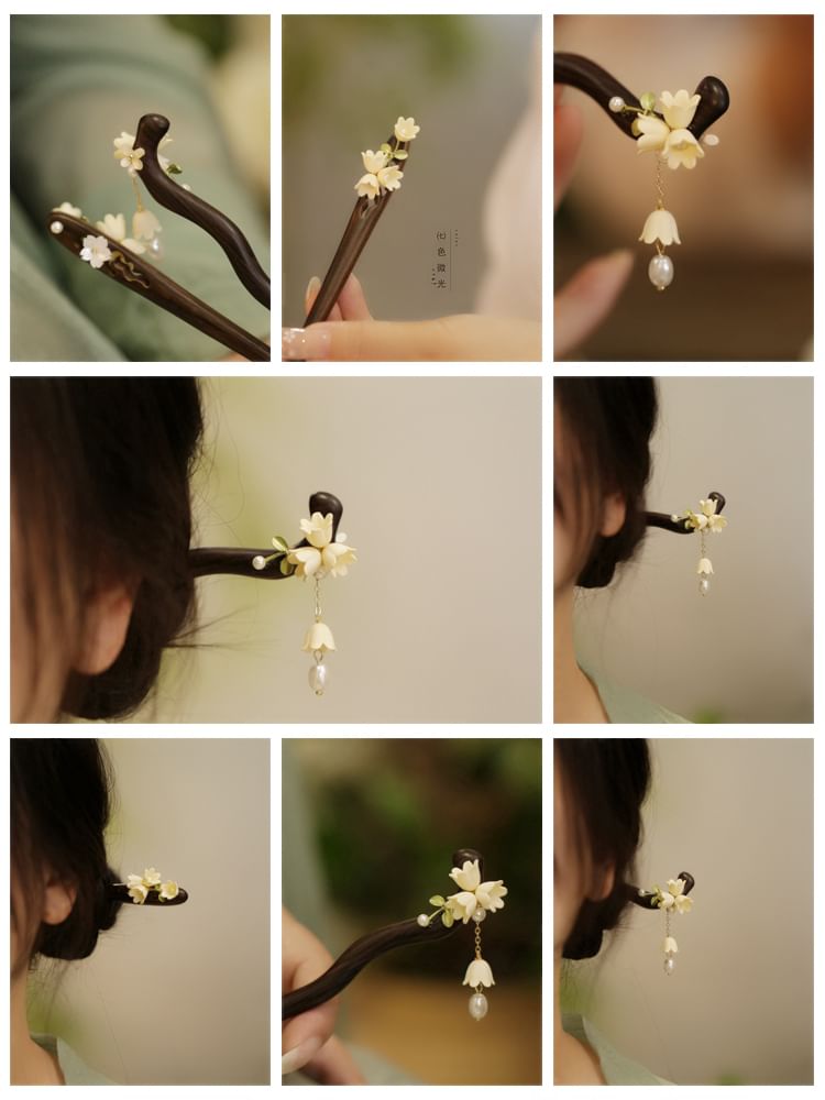 Floral Acetate Faux Pearl Wooden Hair Stick (Various Designs)