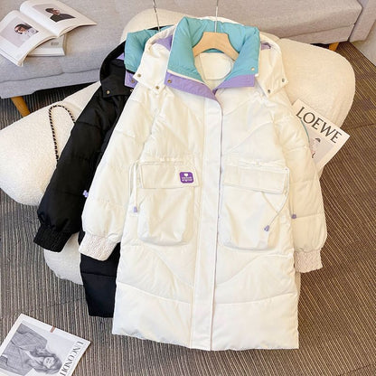 Hooded Color Block Long Puffer Coat