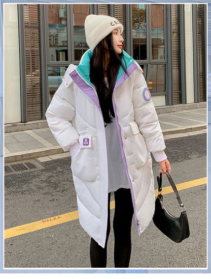 Hooded Color Block Long Puffer Coat