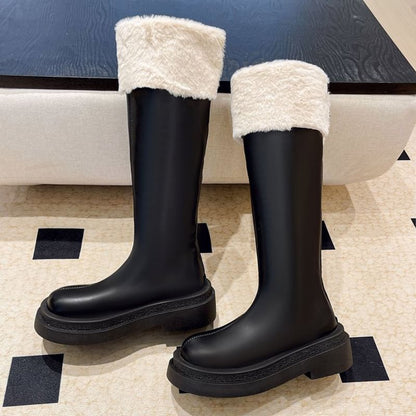 Fluffy Trim Platform Chunky Heel Tall Boots